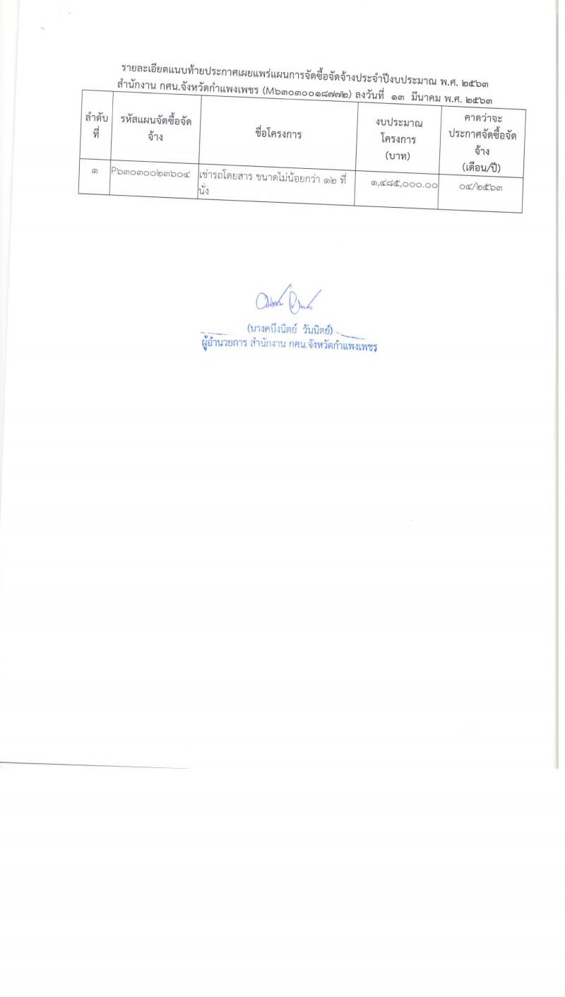 2. ประกาศ สำนักงาน กศน.จังหวัดกำแพงเพชร เรื่อง เผยแพร่การจัดซื้อจัดจ้าง ประจำปีงบประมาณ พ.ศ.2563 (เช่ารถโดยสาร)